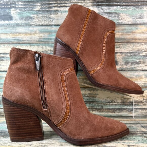 Vince Camuto Ankle Boots Sz 8M Brown Suede Pointed Toe Chunky Heel - Main Image